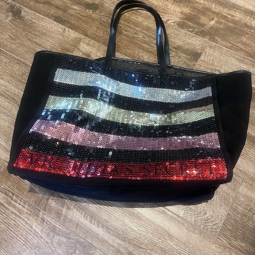 Victoria’s Secret Sequin Stripe Tote Bag Large Weekender Travel Shopper Pink